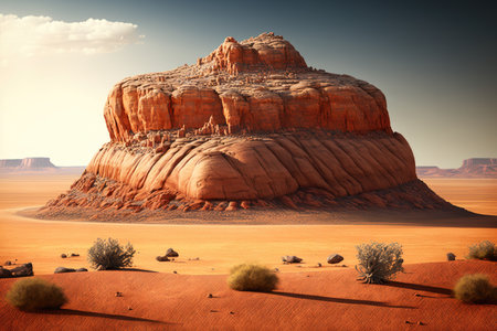 large rock hill with flat top in middle red rock formations, created with generative aiの素材