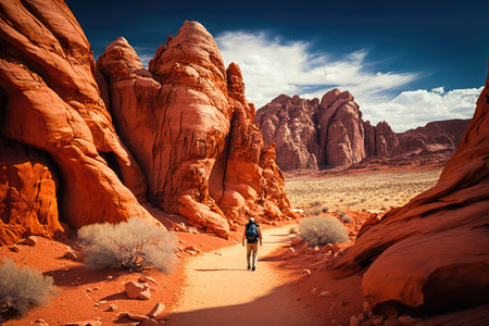 hiking through spectacular desert red rock formations, created with generative aiの素材