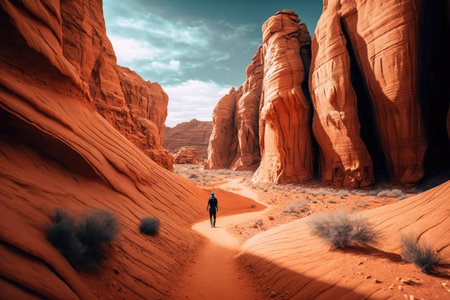 hiking through spectacular desert red rock formations, created with generative aiの素材