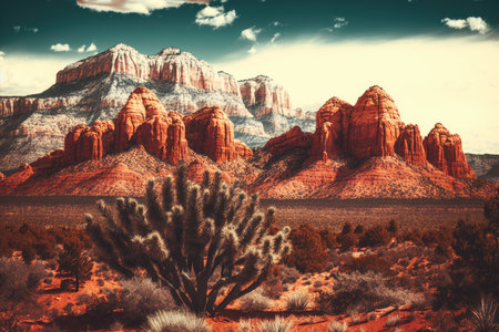 southwestern mountains with red rock formations and forest, created with generative aiの素材