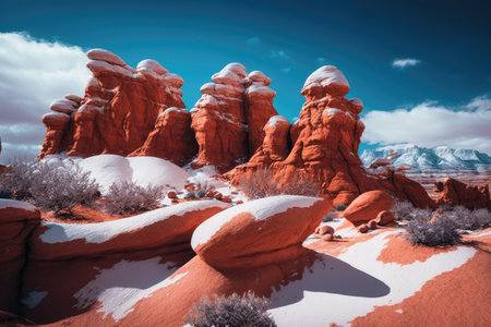 sandstone red rock formations with snow caps against sky, created with generative aiの素材