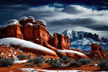 sandstone red rock formations with snow caps against sky, created with generative aiの素材