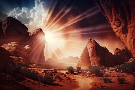abstract landscape with red rock formations and sun rays in sky, created with generative aiの素材