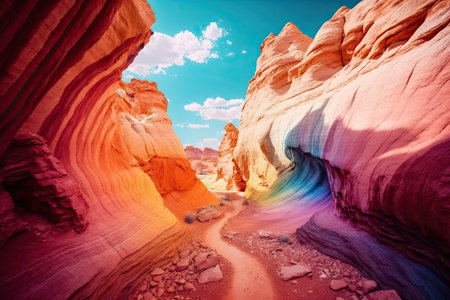 beautiful rainbow-colored desert canyon with red rock formations, created with generative aiの素材