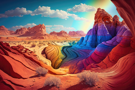beautiful rainbow-colored desert canyon with red rock formations, created with generative aiの素材