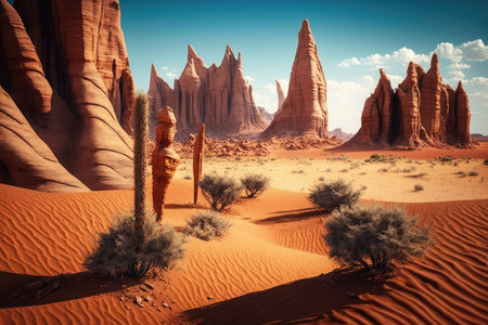 desert landscape with thin and tall red rock formations, created with generative aiの素材