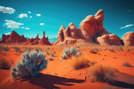 desert with red rock formations and bright blue sky, created with generative aiの素材