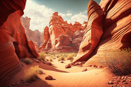 yawning canyon with sand red rock formations, created with generative aiの素材