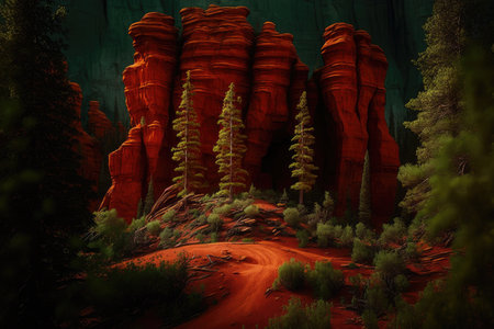 mysterious red rock formations among green trees of forest, created with generative aiの素材