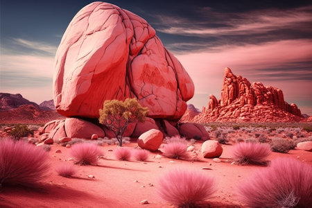 pink red desert landscape with large stone also with red rock formations, created with generative aiの素材
