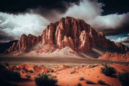 high mountain with red rock formations against cloudy sky, created with generative aiの素材
