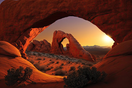 red rock formations of arch at sunset in desert, created with generative aiの素材