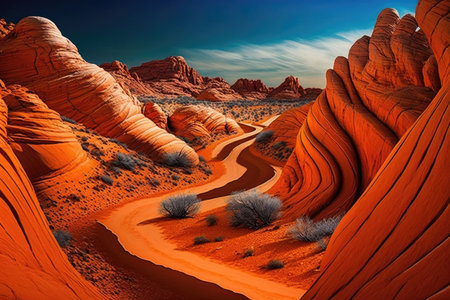 winding orange trails through red rock formations, created with generative aiの素材