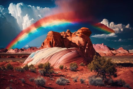 landscape with beautiful rainbow clouds and red rock formations, created with generative aiの素材