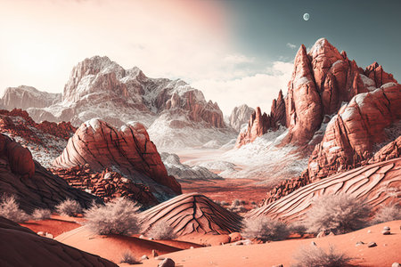 mountains covered in snow with desert red rock formations, created with generative aiの素材