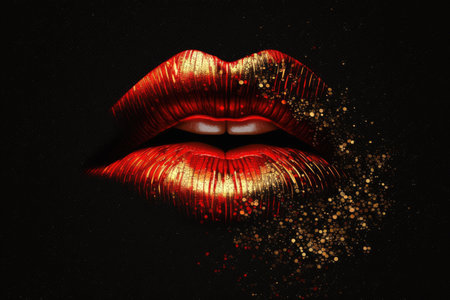 bright red female lips with golden glimmer on black background, created with generative aiの素材
