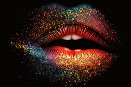 glowing bright red female lips with multi-colored shimmer on black background, created with generative aiの素材