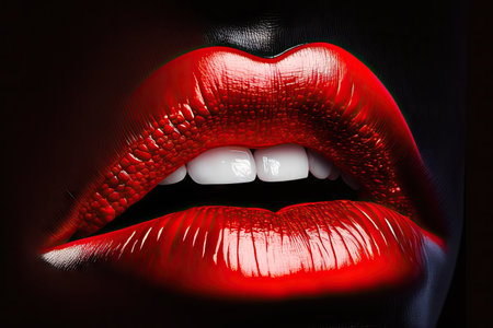 glossy red female lips close-up on black background, created with generative aiの素材