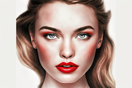 portrait of beautiful girl with red female lips isolated on white background, created with generative aiの素材