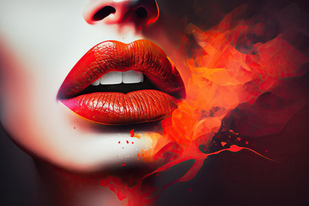 hazy abstract image red female lips with lipstick, created with generative aiの素材