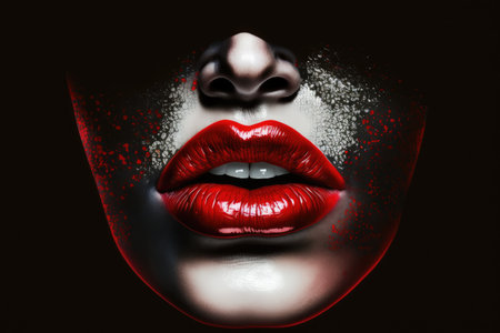 glossy young red female lips with makeup on black background, created with generative aiの素材