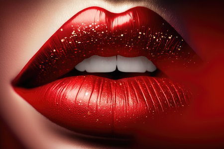 glossy close-up red female lips on blurry background, created with generative aiの素材