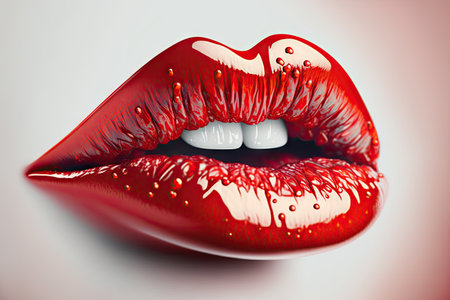 red female lips with glossy glaze close-up on light background, created with generative aiの素材