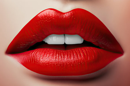 red female lips with glossy glaze close-up on light background, created with generative aiの素材