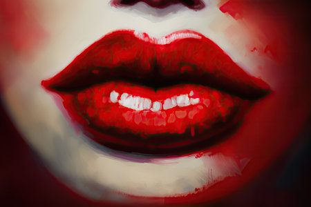 round red female lips painted on blurry background, created with generative aiの素材