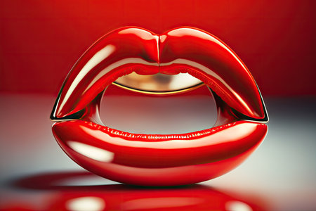 fashionable glossy red female lips with ring on bright background, created with generative aiの素材