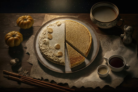 traditional moon and mao shu cake with sesame on table, created with generative aiの素材