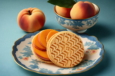 chinese traditional vegetarian food peach wafers on plate, created with generative aiの素材