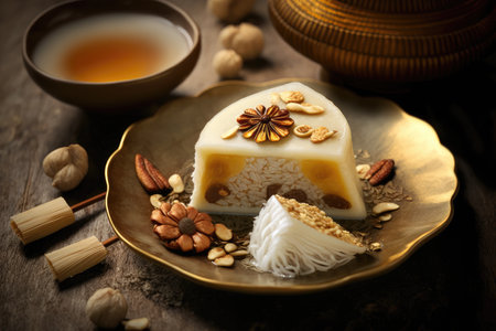 traditional chinese new year desserts dessert shu cake with nuts and coconut, created with generative aiの素材