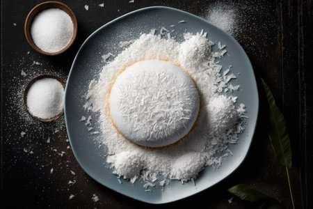 milk dough shu cake on plate with coconut and sugar sprinkles, created with generative aiの素材