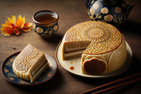 round traditional chinese shu cake for holidays on table, created with generative aiの素材