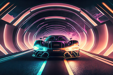 neon background with tunnels for racing car in panorama double exposure, created with generative aiの素材
