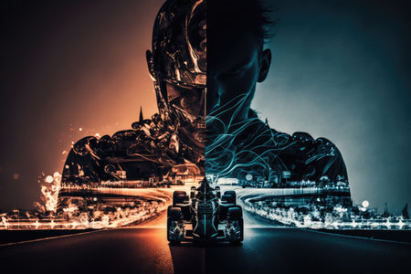 racing car with driver at speed on road against backdrop of city at night double exposure, created with generative aiの素材