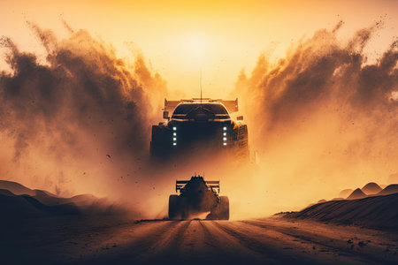 auto racing on dusty road at sunset double exposure, created with generative aiの素材