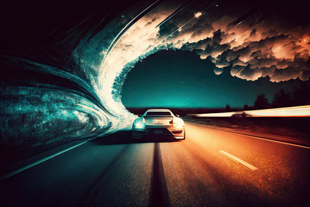 racing with car on highway at night racing speed double exposure, created with generative aiの素材