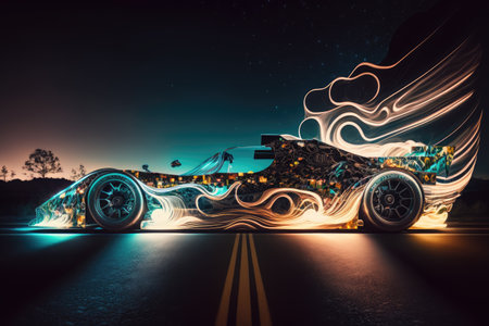 racing car with light trails on night road double exposure, created with generative aiの素材