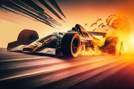 professional racing automobile for racing double exposure speeding along highway against background of setting sun, created with generative aiの素材