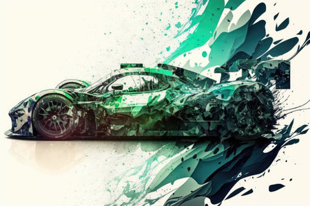 double exposure racing sports car green race track, created with generative aiの素材
