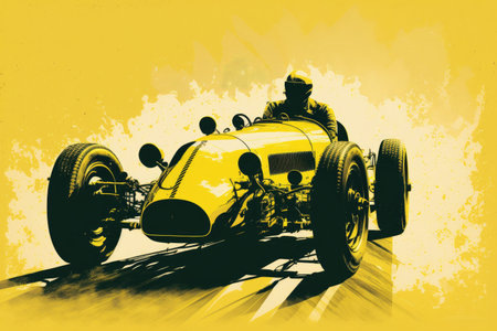 racing car vintage black and white on yellow background double exposure, created with generative aiの素材