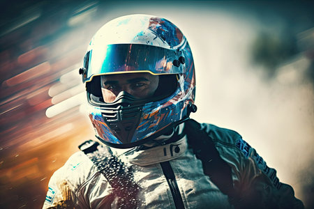 sportsman in helmet involved in auto race with blurred background racing double exposure, created with generative aiの素材