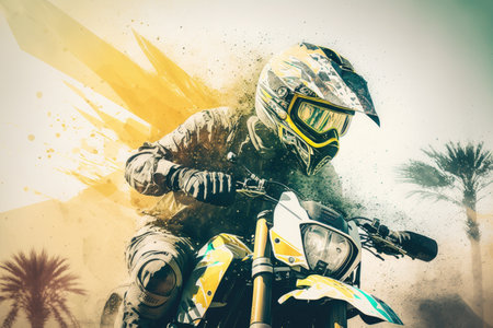 young rider on motorcycle in desert racing double exposure, created with generative aiの素材