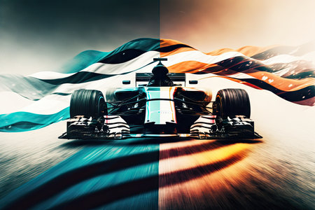 racing car on track with flag double exposure blurry speed effect, created with generative aiの素材
