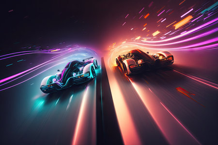 cars racing on track in blurry neon lights background double exposure, created with generative aiの素材
