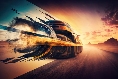 racing competitions car speed on highway at dawn double exposure, created with generative aiの素材