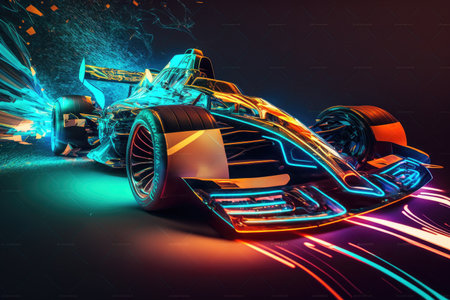 futuristic 3d racing car in motion with luminous trails and lights double exposure, created with generative aiの素材