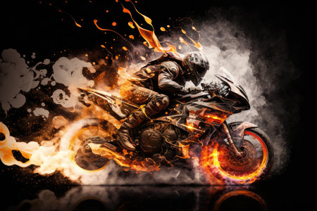 fast motorcycle racing double exposure with sparks flying behind it, created with generative aiの素材